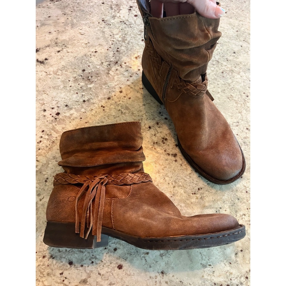 Born Brown Ouvea Suede Slouchy Ankle Boots Braided Tassel F12426 Womens 10M